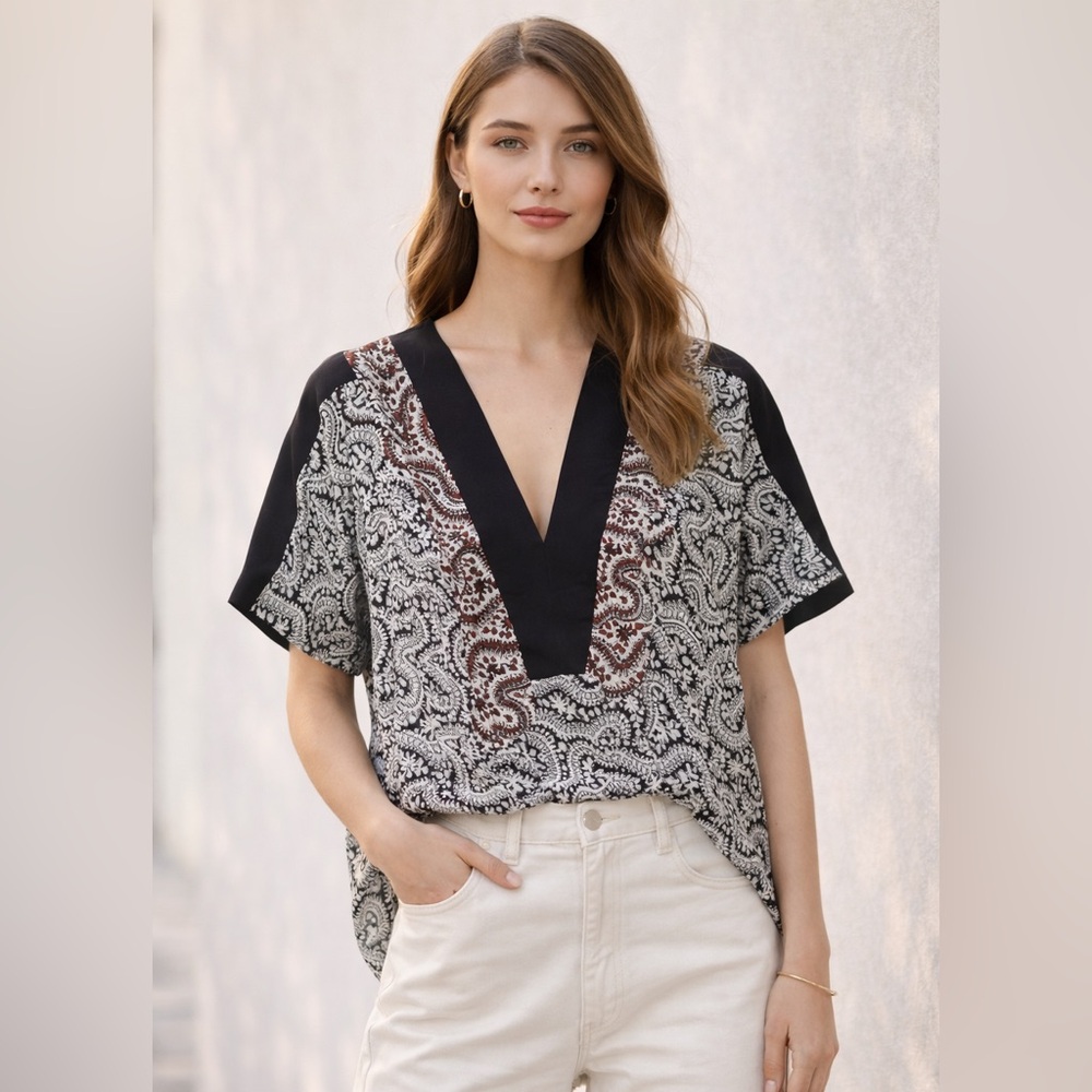 A.L.C. silk Monochrome V-Neck Patterned Blouse Top